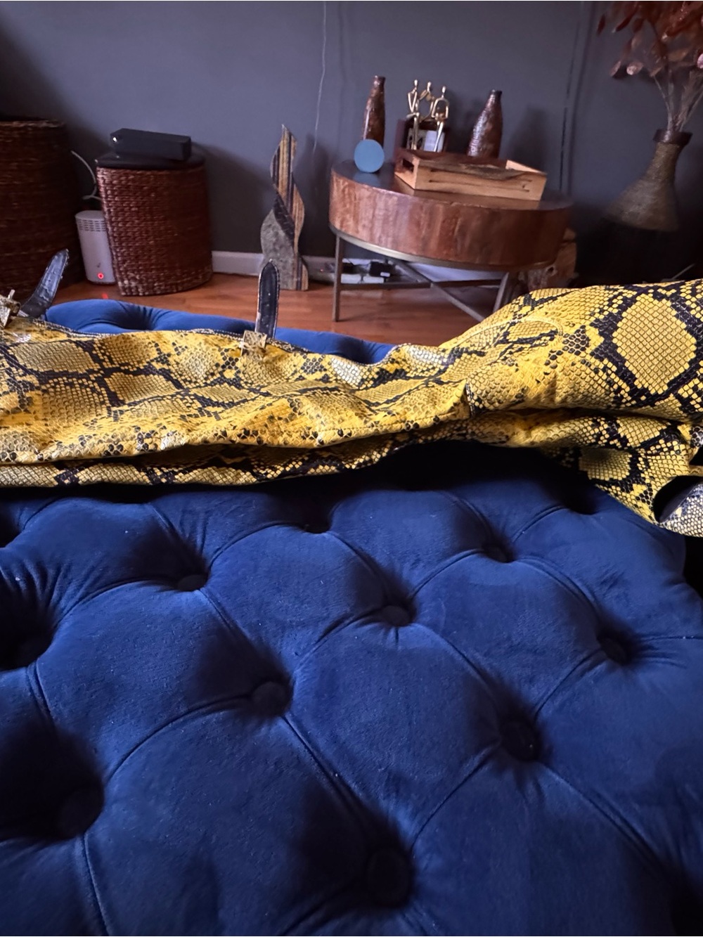 Yellow Snake-Print Open-Toe Heeled Boots - Picture 7 of 8